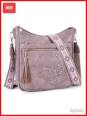 Vegan PU Leather Butterfly Crossbody Bag with Tassel, Adjustable Strap